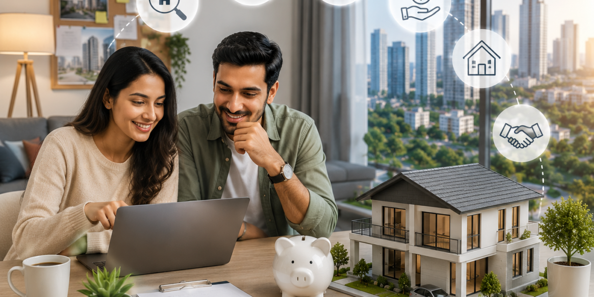 "First-time homebuyers reviewing property documents and home loan options while planning the purchase of their new home with a real estate consultant."
