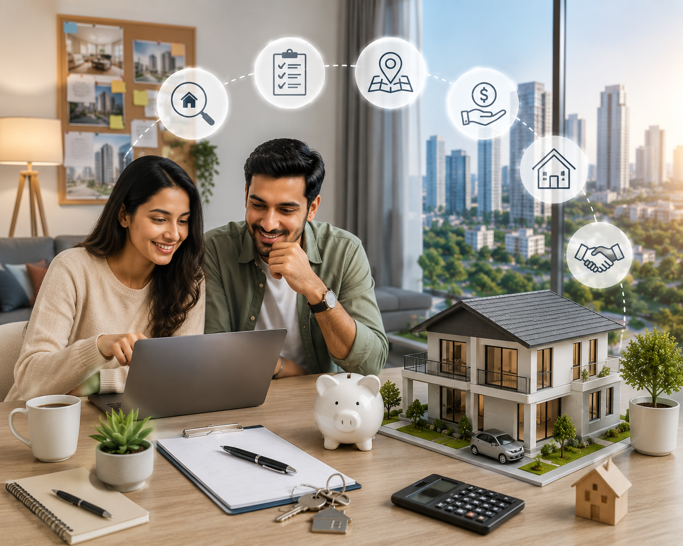 "First-time homebuyers reviewing property documents and home loan options while planning the purchase of their new home with a real estate consultant."