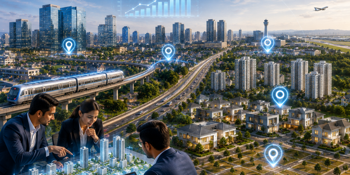 Bangalore city skyline featuring modern residential towers, commercial buildings, metro infrastructure, and growing real estate investment corridors in 2026