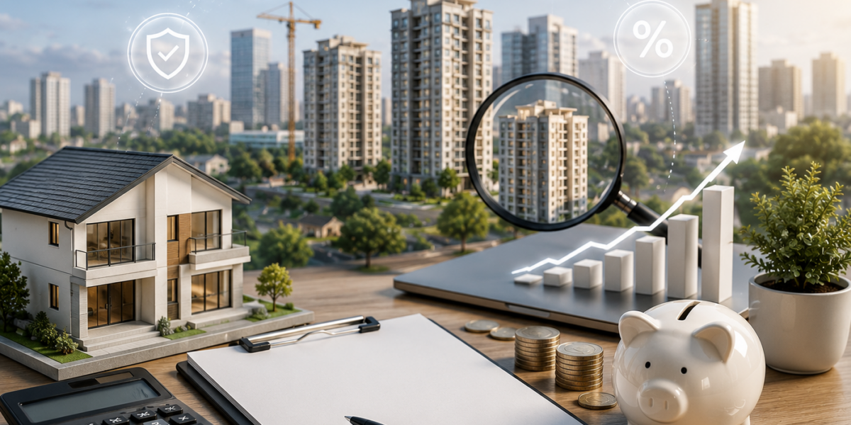 "Young couple planning their home-buying budget with financial documents, calculator, home loan information, and property listings on a modern workspace."