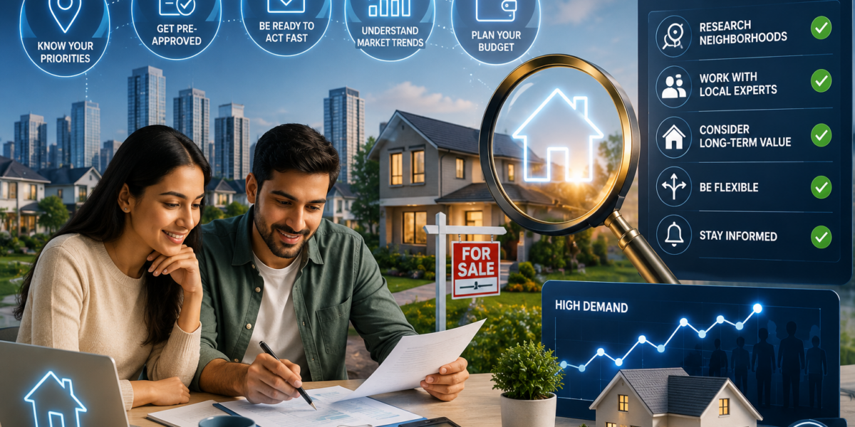Homebuyer reviewing property listings with a real estate consultant, exploring housing options and financing plans in a competitive real estate market
