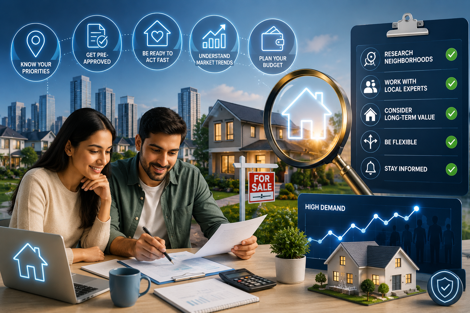 Homebuyer reviewing property listings with a real estate consultant, exploring housing options and financing plans in a competitive real estate market