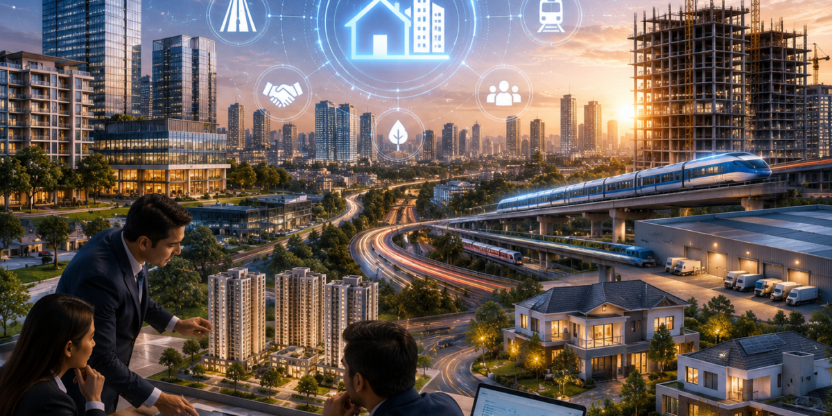 Modern Indian city skyline with infrastructure projects, residential developments, commercial buildings, and smart urban growth representing the impact of Budget 2026 on the real estate industry.