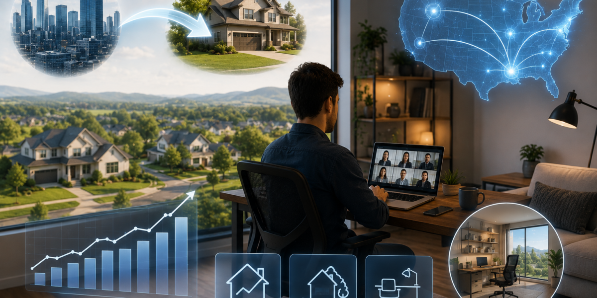 Modern professional working remotely from a home office, showcasing how remote work is influencing residential real estate trends, home design, and property demand.