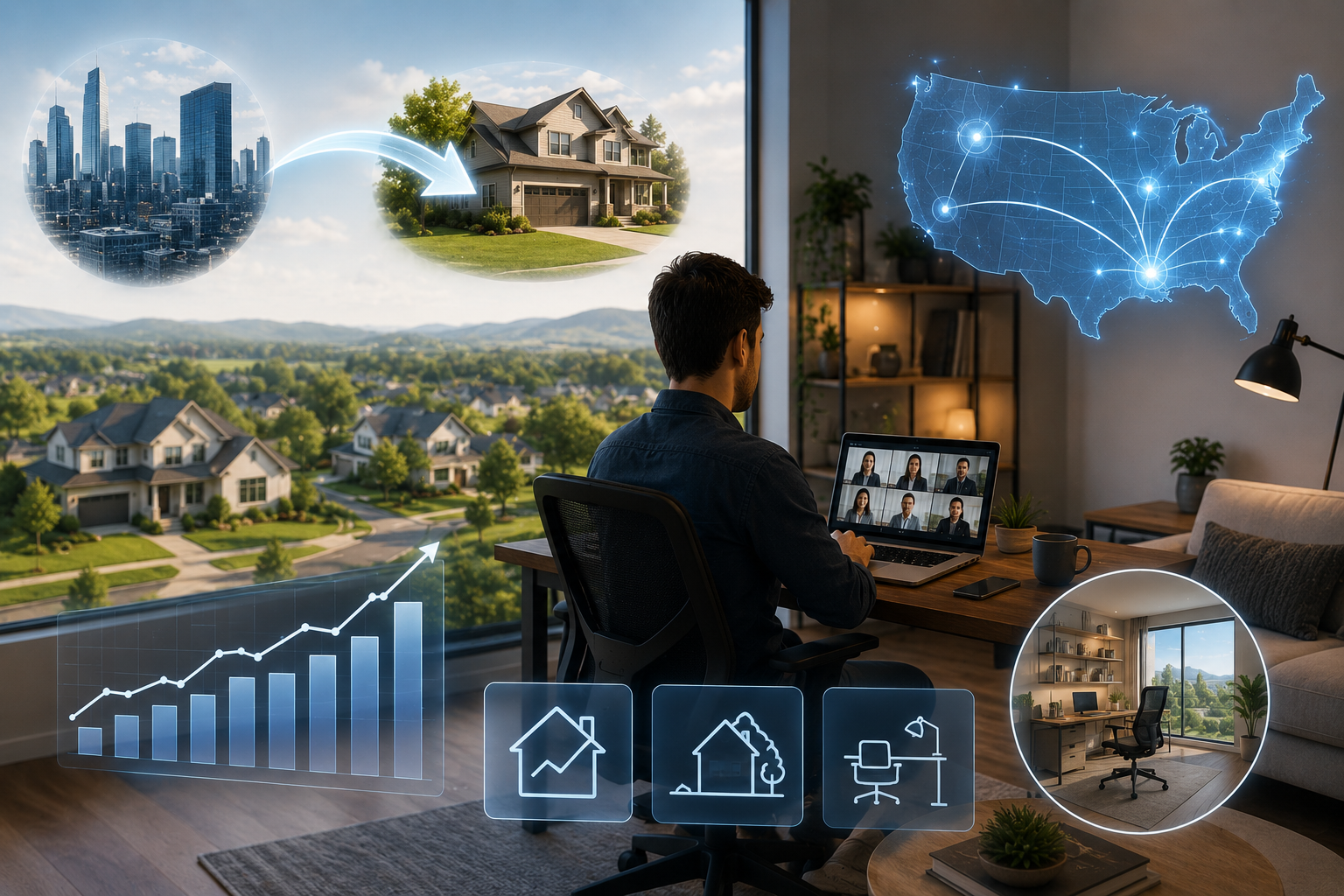 Modern professional working remotely from a home office, showcasing how remote work is influencing residential real estate trends, home design, and property demand.