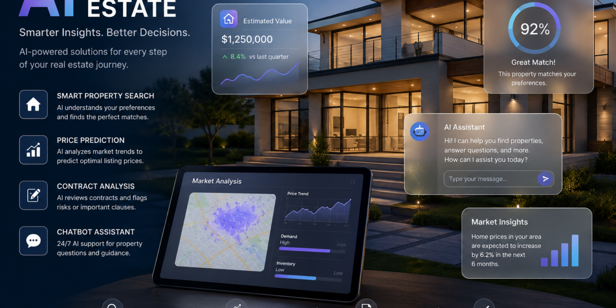 A modern luxury house at dusk is displayed with futuristic AI-powered real estate interfaces overlaid across the scene.