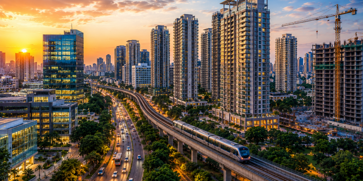 Modern city skyline with high-rise residential and commercial buildings, elevated metro rail, busy urban roads, and ongoing construction projects, representing economic growth, infrastructure development, and rising real estate demand in a rapidly expanding metropolitan area.