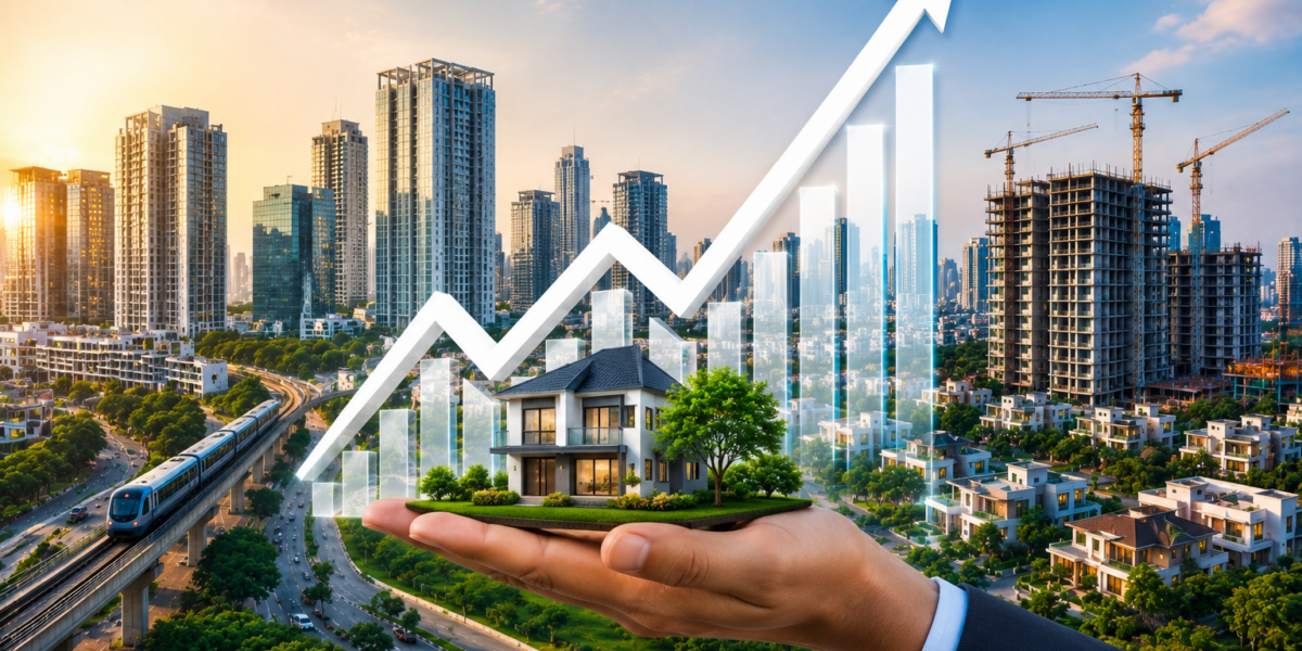 Modern Bengaluru cityscape featuring high-rise residential towers, metro connectivity, expanding infrastructure, luxury homes, and ongoing construction projects with an upward growth trend, symbolizing the factors driving Bengaluru’s real estate boom and urban development.