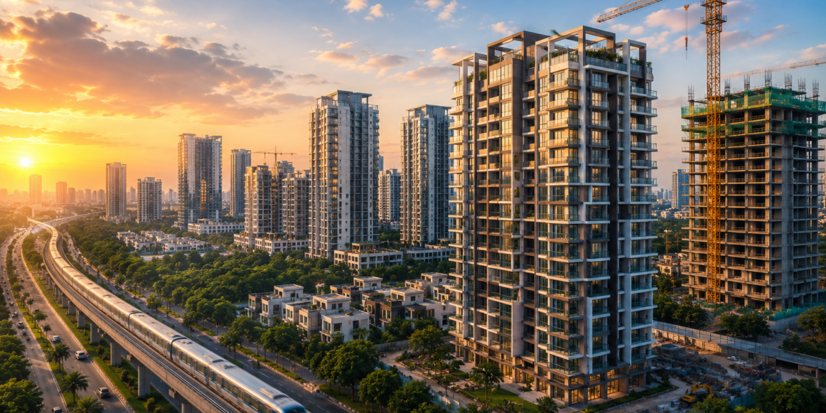 Modern urban skyline featuring newly developed residential towers, ongoing construction projects, elevated metro connectivity, landscaped neighborhoods, and expanding infrastructure, representing the impact of new developments on local real estate markets and urban growth.