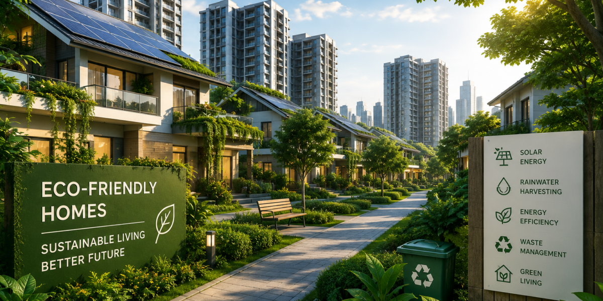 Modern eco-friendly residential community featuring sustainable homes with solar panels, lush green landscaping, energy-efficient architecture, and environmentally conscious urban development promoting green living and sustainable real estate.
