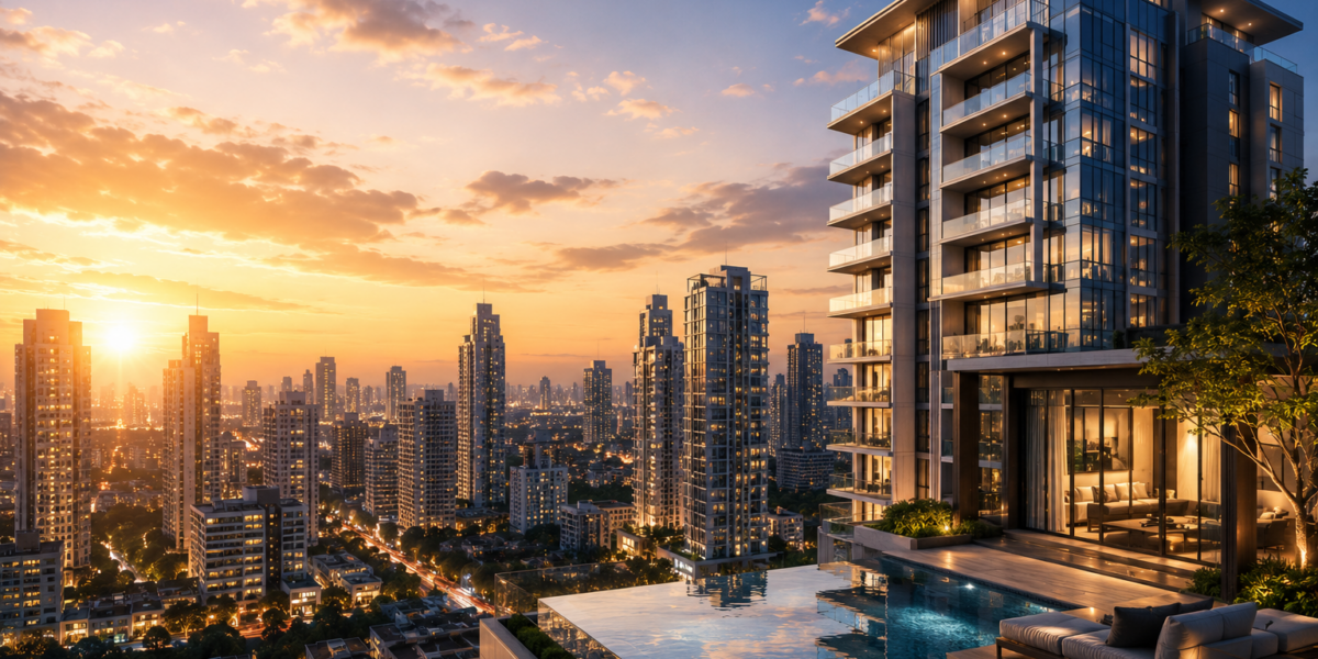 Luxury residential high-rise apartment overlooking a modern city skyline at sunset, showcasing premium urban living, upscale real estate development, and the growing demand for luxury housing in India's metropolitan cities.