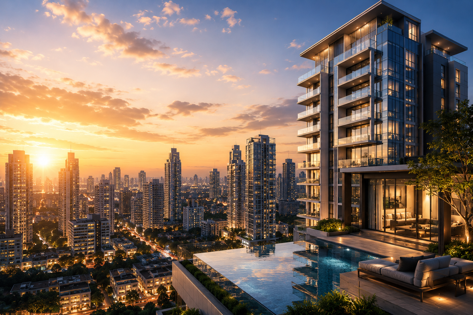 Luxury residential high-rise apartment overlooking a modern city skyline at sunset, showcasing premium urban living, upscale real estate development, and the growing demand for luxury housing in India's metropolitan cities.