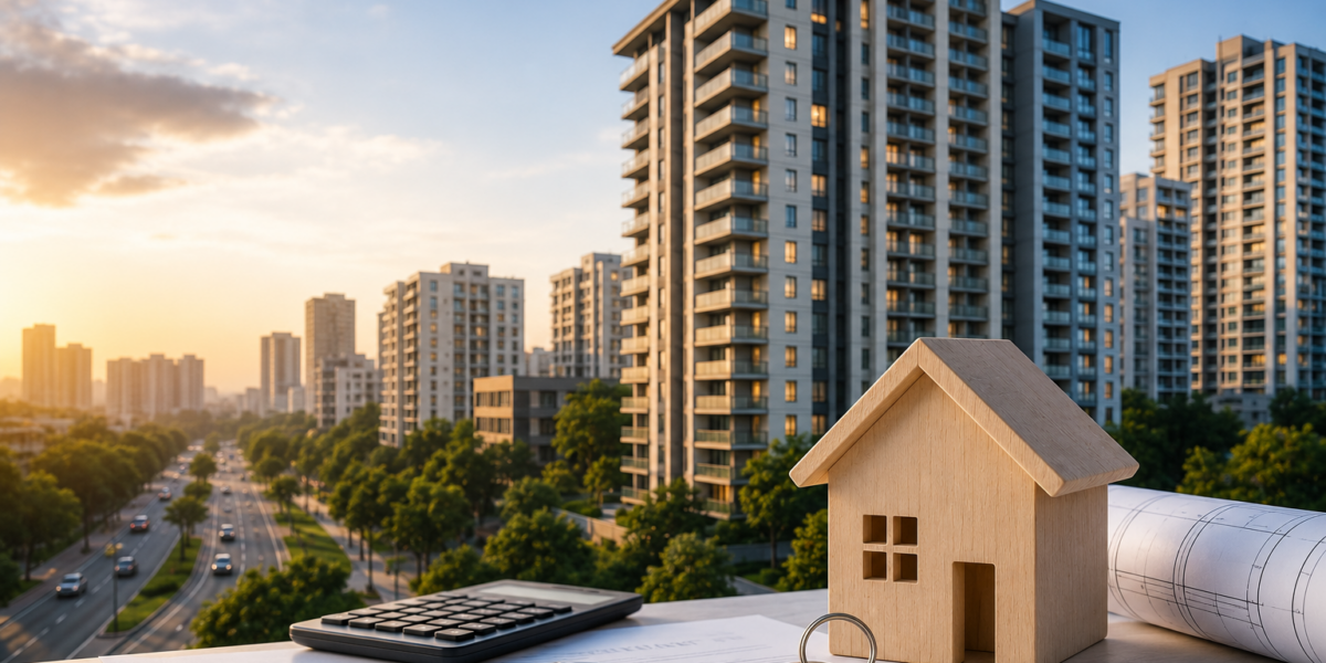 Modern residential apartment buildings in Bangalore with a wooden house model, property documents, calculator, and keys in the foreground, representing smart property buying, real estate investment planning, and homeownership decisions in 2026