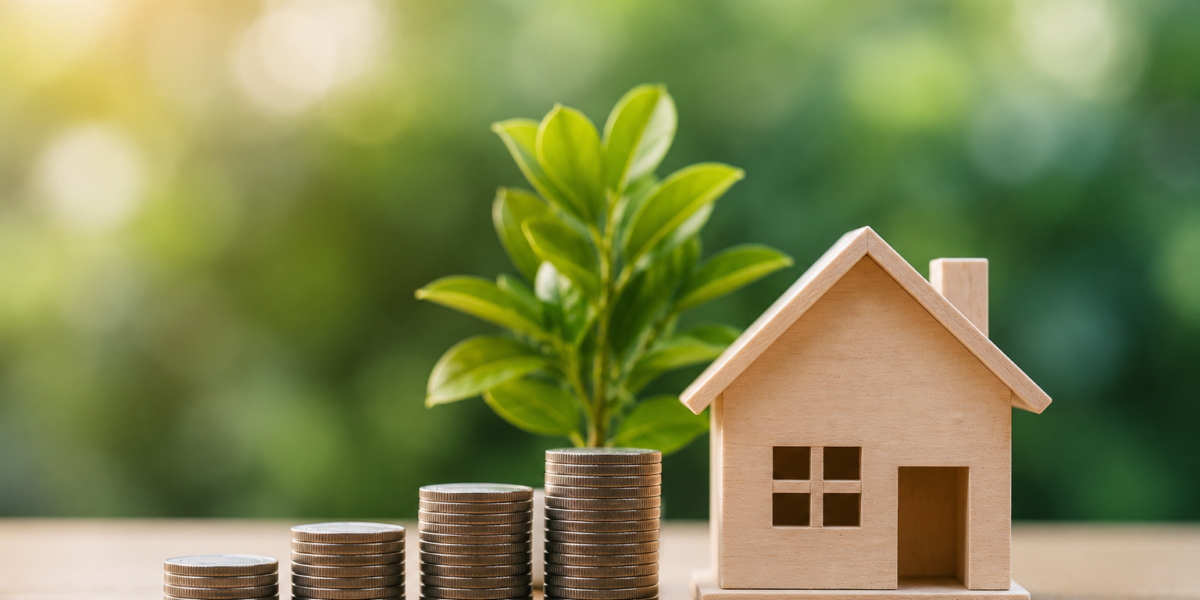 Wooden house model beside neatly stacked coins and a green plant, symbolizing residential property investment, wealth growth, financial stability, and long-term returns for working professionals
