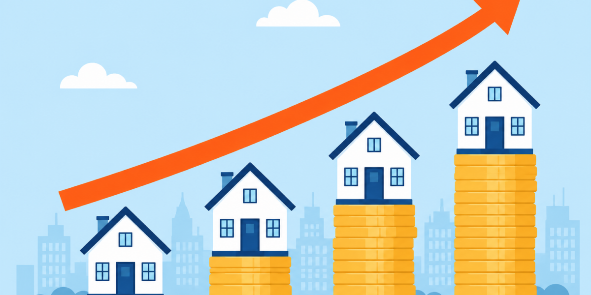 **Alt Text:** *Illustration of residential houses placed on increasing stacks of coins with an upward arrow, representing rising property prices, declining housing affordability, and the growing challenge of affordable housing in India's major cities.*
