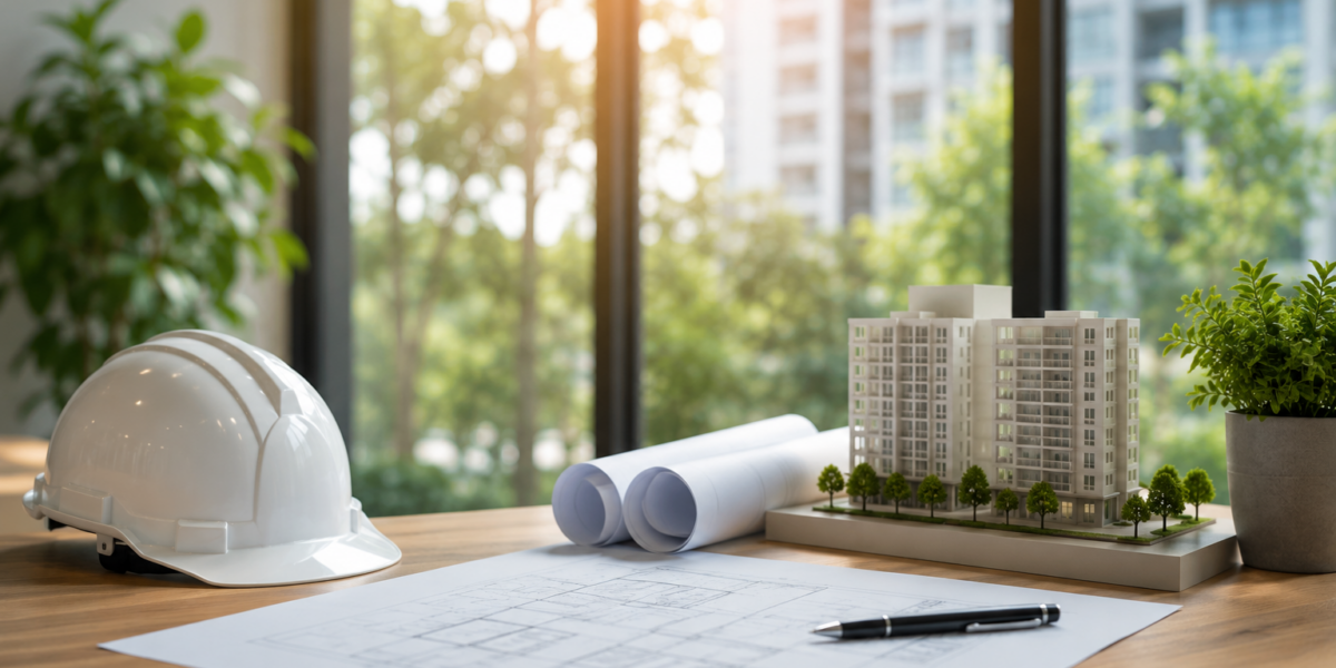 Modern real estate planning workspace with architectural blueprints, a white safety helmet, a scale model of a residential apartment building, and indoor plants placed on a wooden desk, with a blurred green cityscape visible through large windows in the background