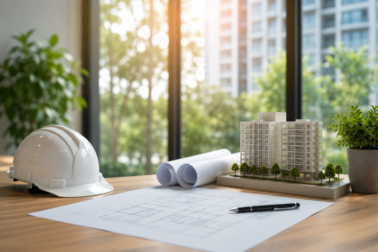 Modern real estate planning workspace with architectural blueprints, a white safety helmet, a scale model of a residential apartment building, and indoor plants placed on a wooden desk, with a blurred green cityscape visible through large windows in the background