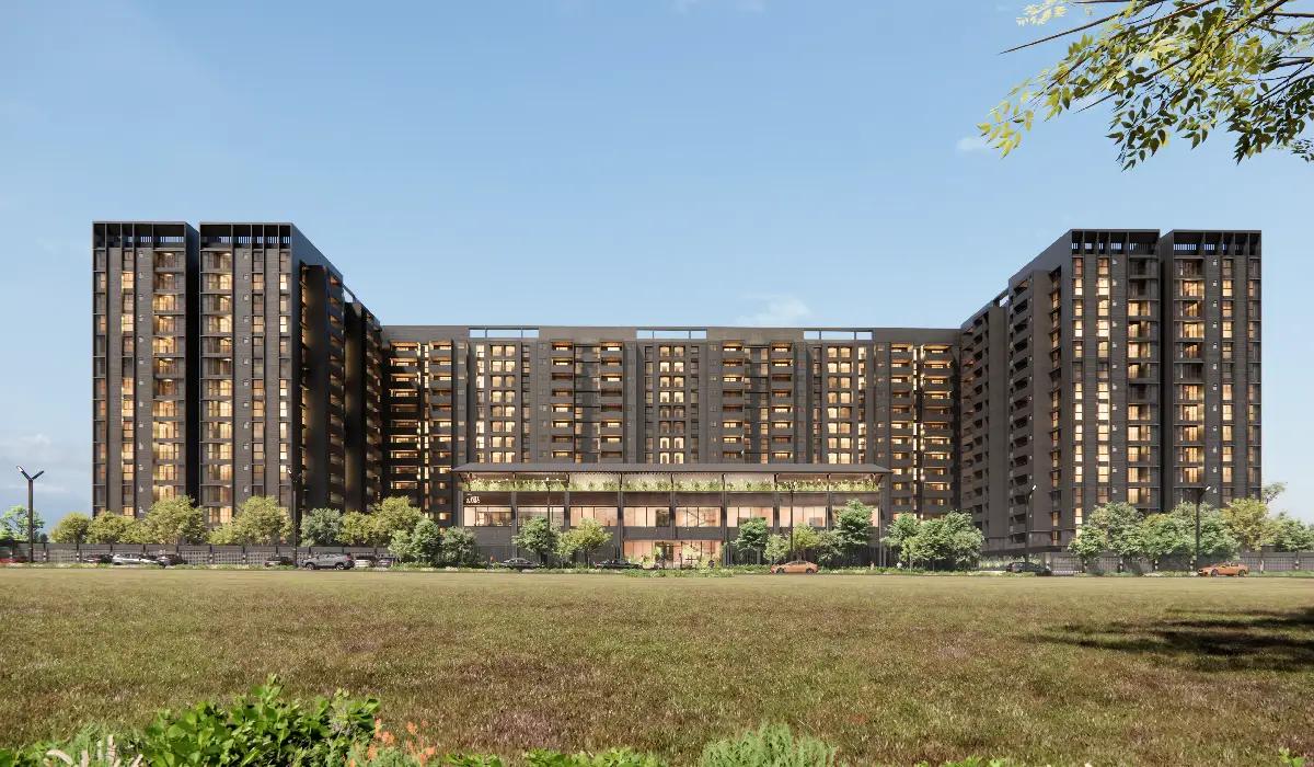 Exterior elevation of Assetz Zen and Sato residential towers in Yelahanka