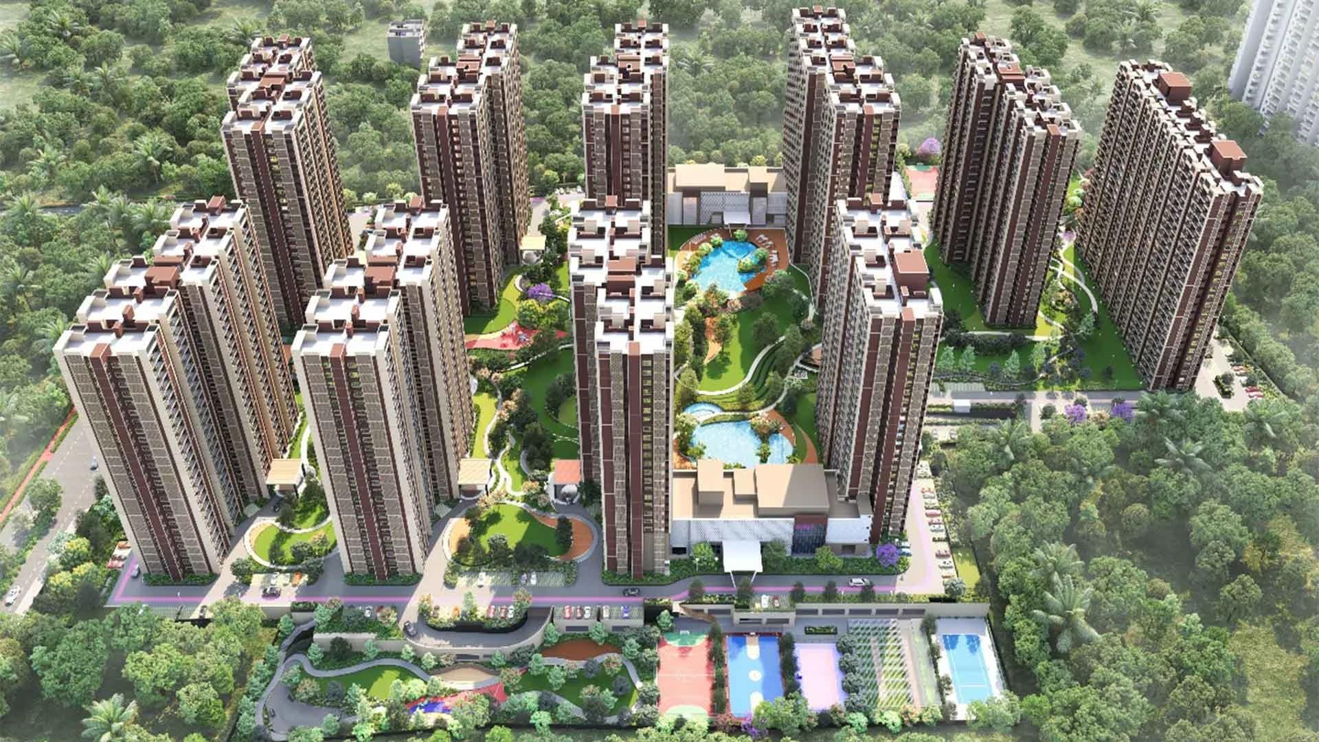LivingTree Act 2 – Aerial view of towers and landscaped courtyard