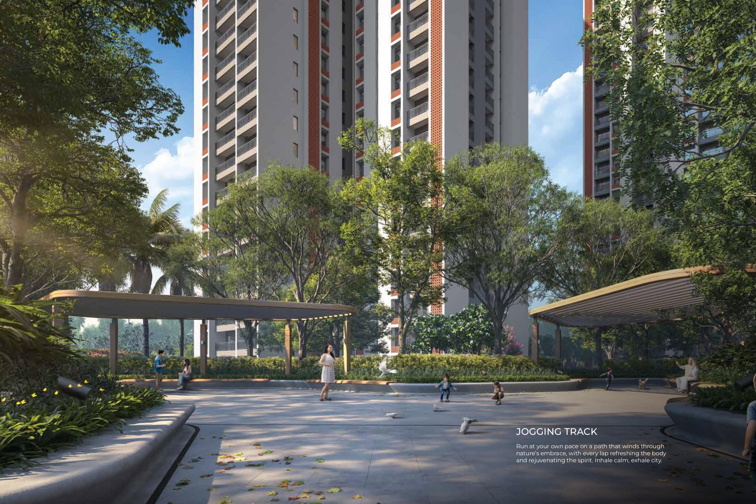 Landscaped gardens with walking and jogging tracks at Assetz Zen and Sato
