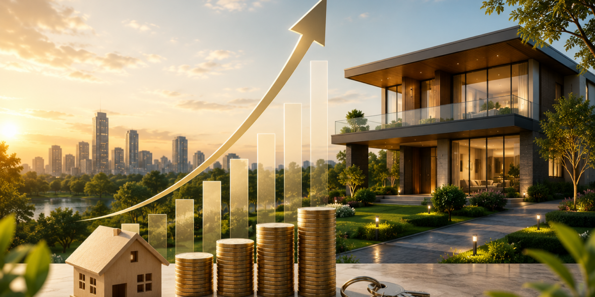 Luxury modern home with rising investment graph, stacked coins, house model, and keys symbolizing long-term real estate investment, wealth creation, and property appreciation