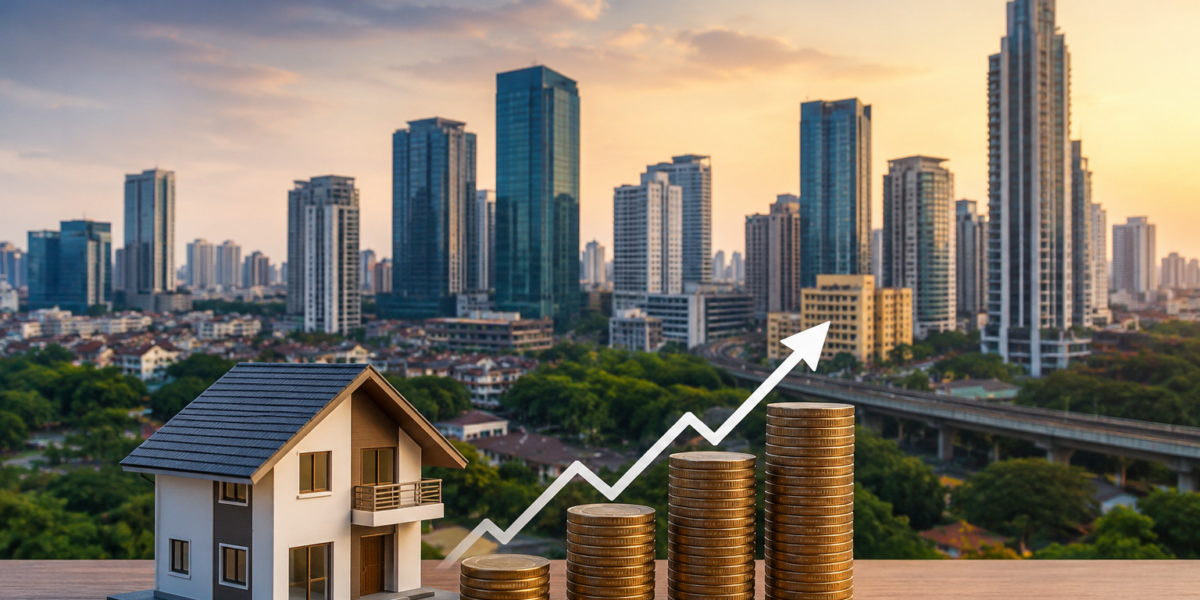 Modern Bangalore skyline with residential buildings, a model house, stacked coins, and an upward growth arrow symbolizing real estate investment, property value appreciation, and long-term wealth creation