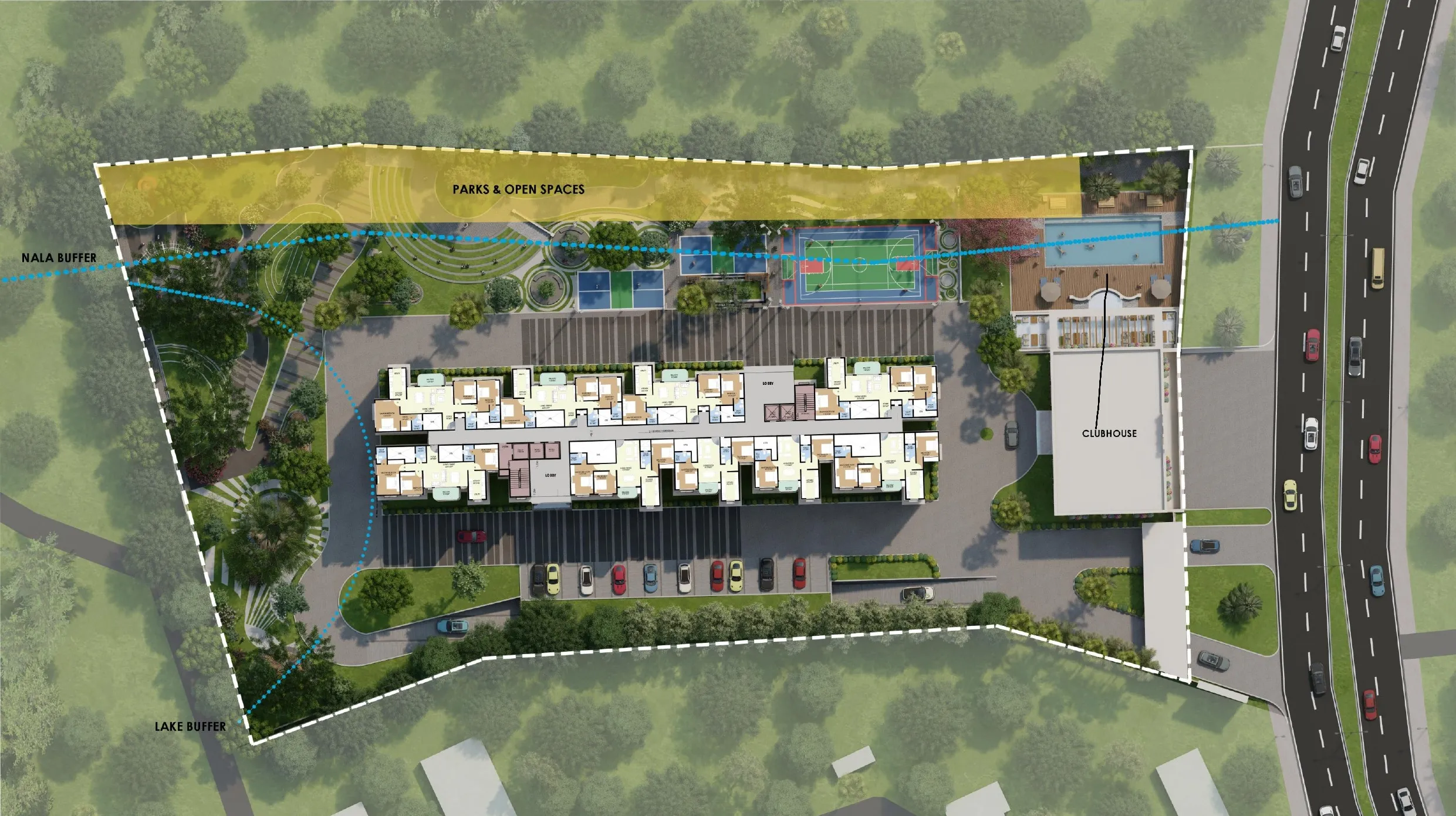 Overall aerial view of Concorde Sienna luxury residential tower on Hennur Main Road Bangalore