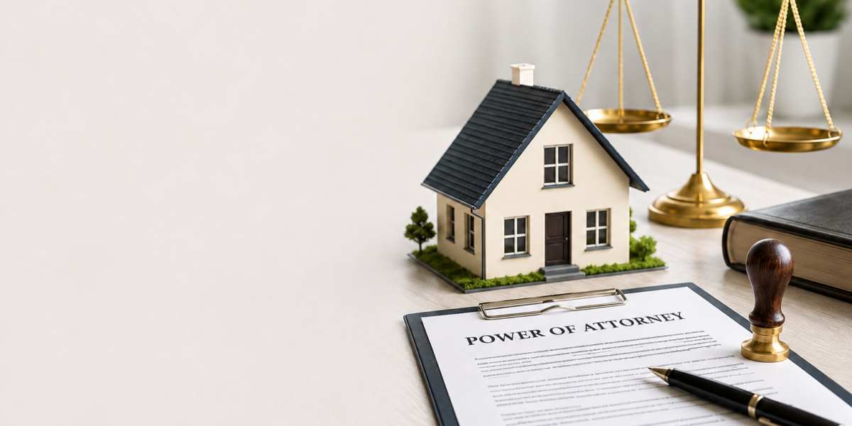 Power of Attorney document with a miniature house, legal scales, stamp, and pen on a desk, representing property authorization, legal documentation, and real estate management