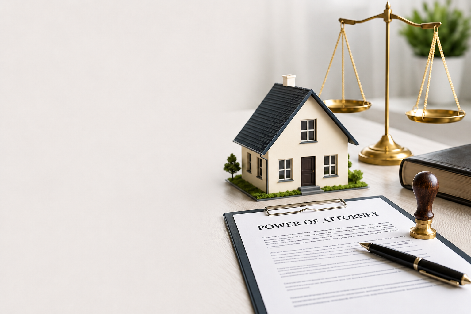 Power of Attorney document with a miniature house, legal scales, stamp, and pen on a desk, representing property authorization, legal documentation, and real estate management