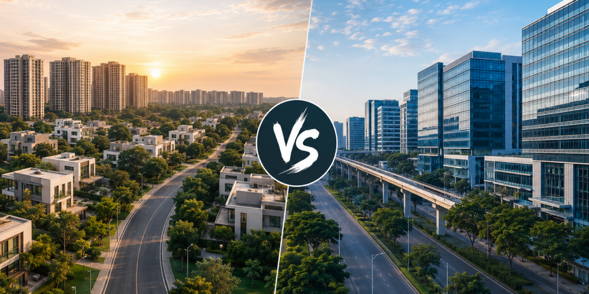 A split-screen comparison image showing two contrasting urban landscapes in Bangalore. The left side features a green residential neighborhood with modern apartment towers, villas, and tree-lined roads under a warm sunset sky, representing Sarjapur. The right side showcases a modern business district with glass office buildings, wide roads, and metro connectivity under a bright blue sky, representing Whitefield. A circular “VS” symbol is placed in the center, highlighting the comparison between the two locations.