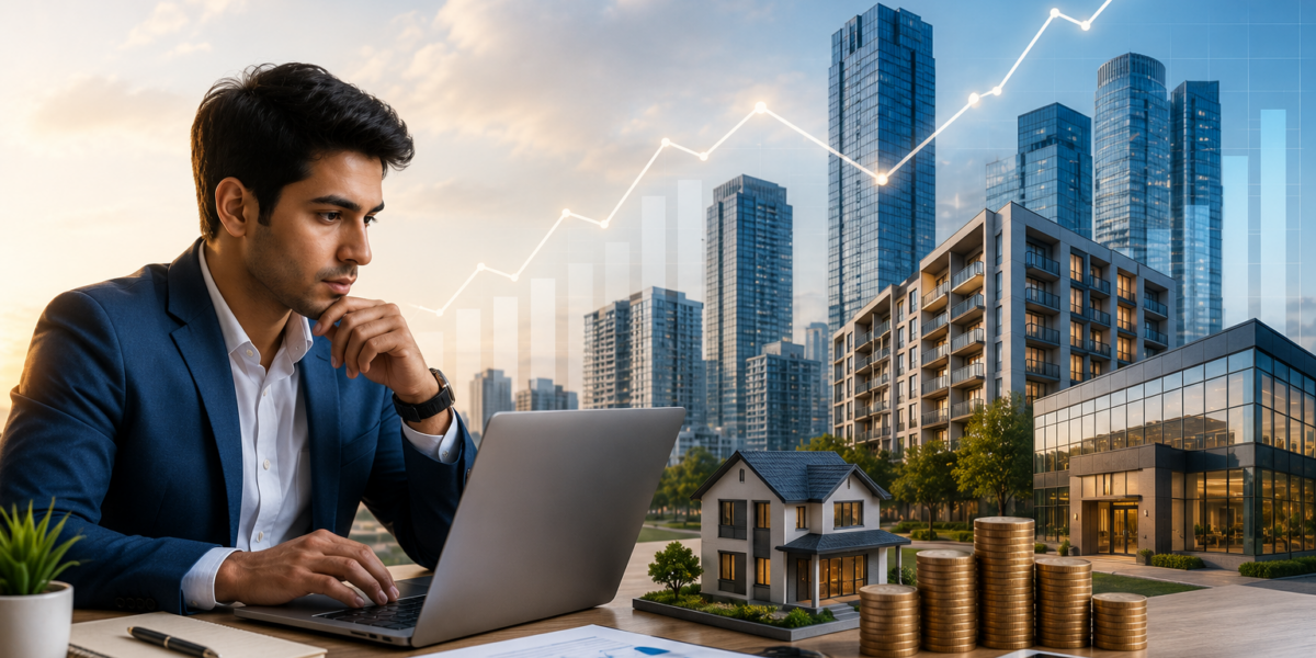 First-time real estate investor analyzing property investment opportunities with financial charts, residential towers, and commercial buildings representing smart real estate investment strategies in 2026.