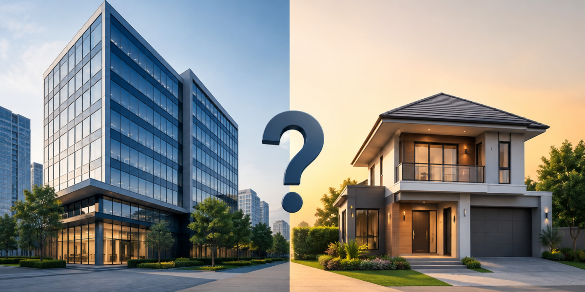 Commercial office building compared with a modern residential house for real estate investment.