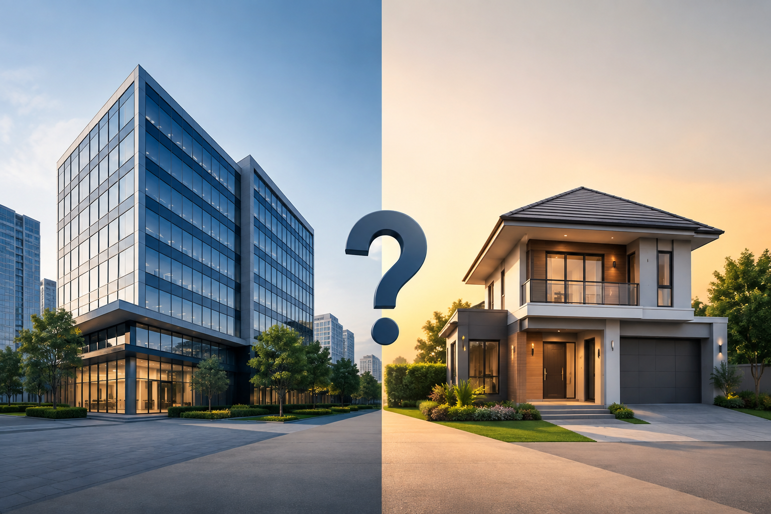 Commercial office building compared with a modern residential house for real estate investment.