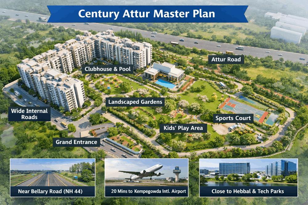 Detailed Century Kindle Attur Yelahanka master plan towers open spaces clubhouse