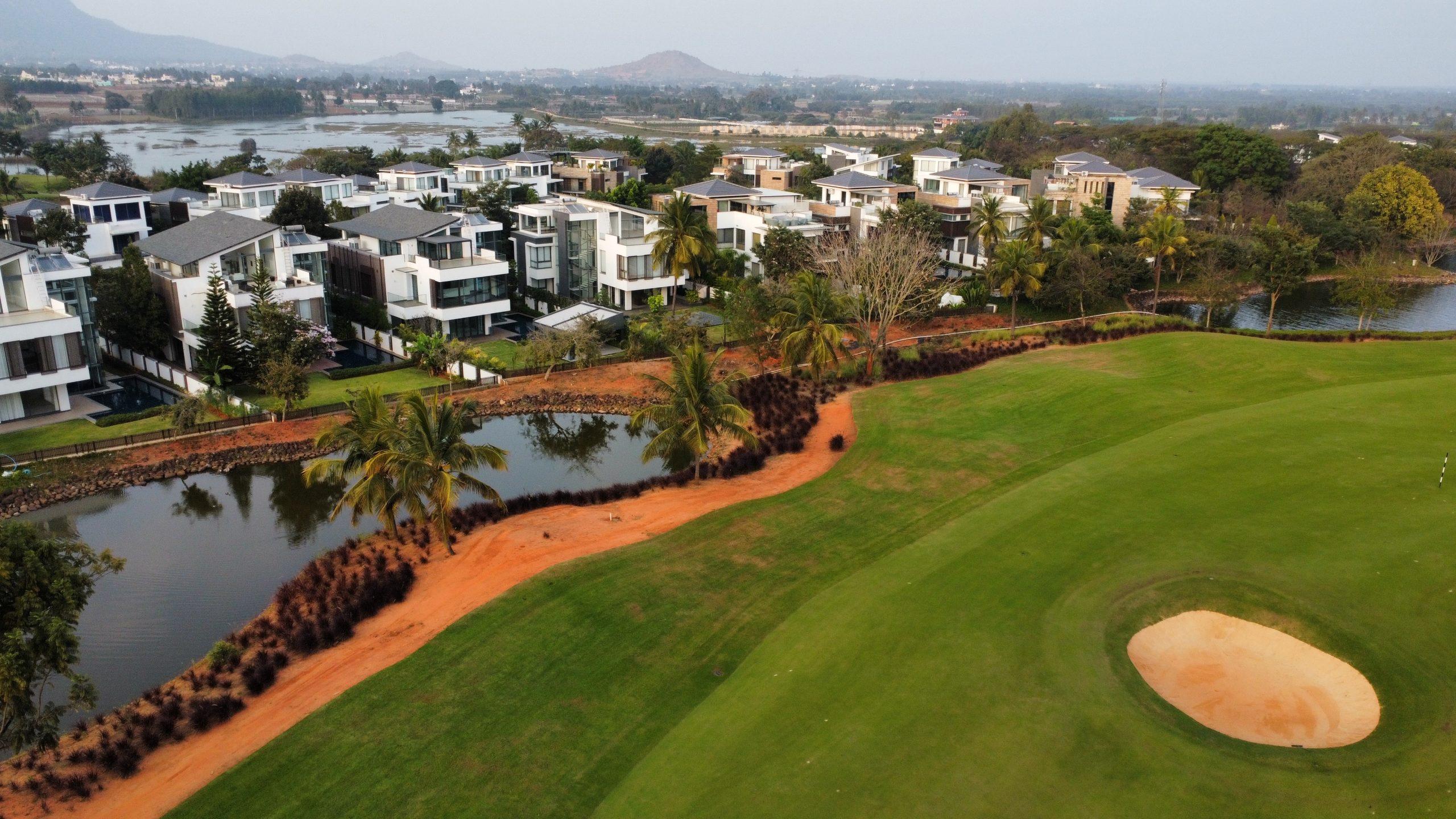 Prestige Golfshire aerial view luxury villas golf course landscaped surroundings Devanahalli Bangalore