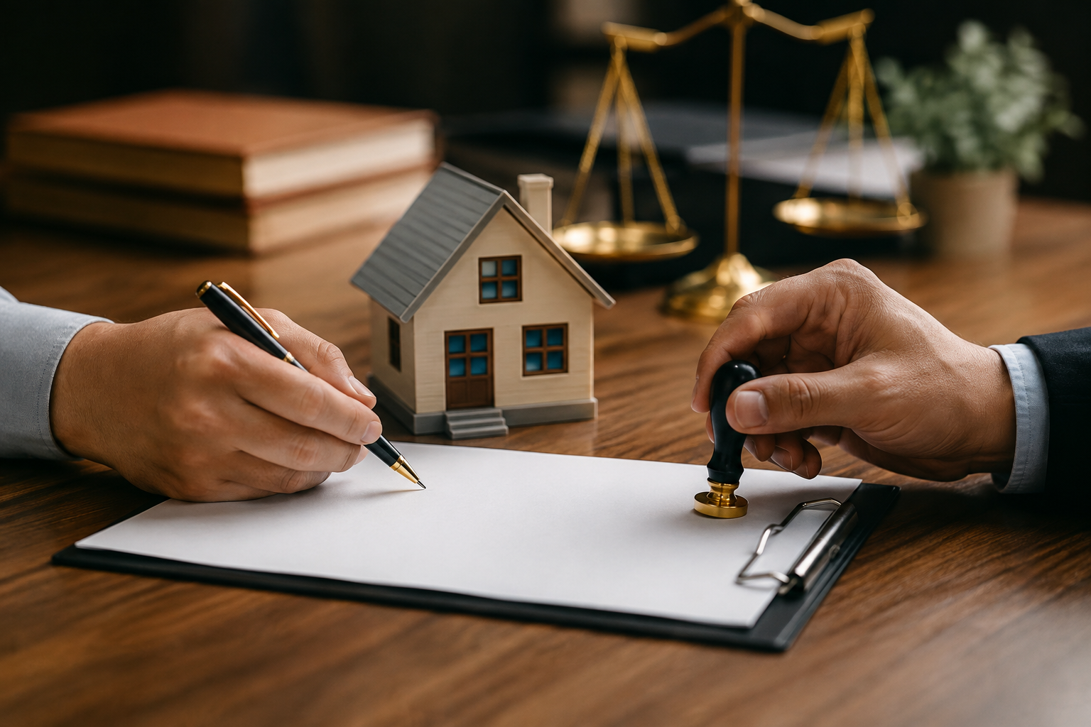 Real estate rectification deed being signed and stamped on a property document