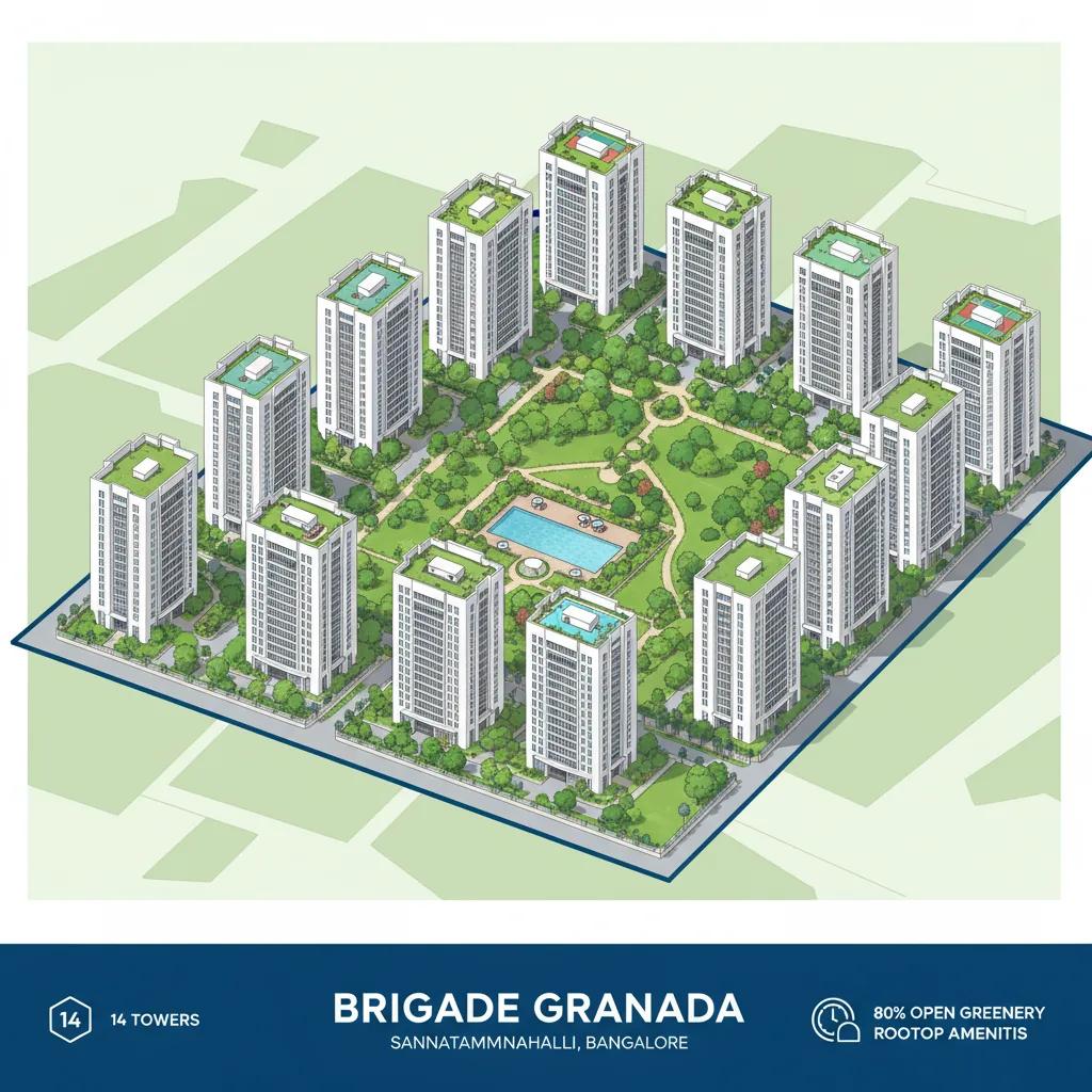 Brigade Granada master plan with residential towers and landscaped areas