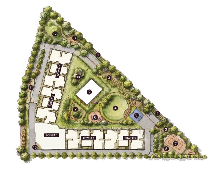 Century Immencity Blue Moon conceptual master plan showing five residential towers, landscaped open spaces and outdoor amenities