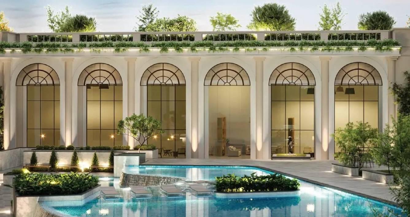 Lodha Beaumont Estate classical clubhouse overlooking landscaped gardens and water features