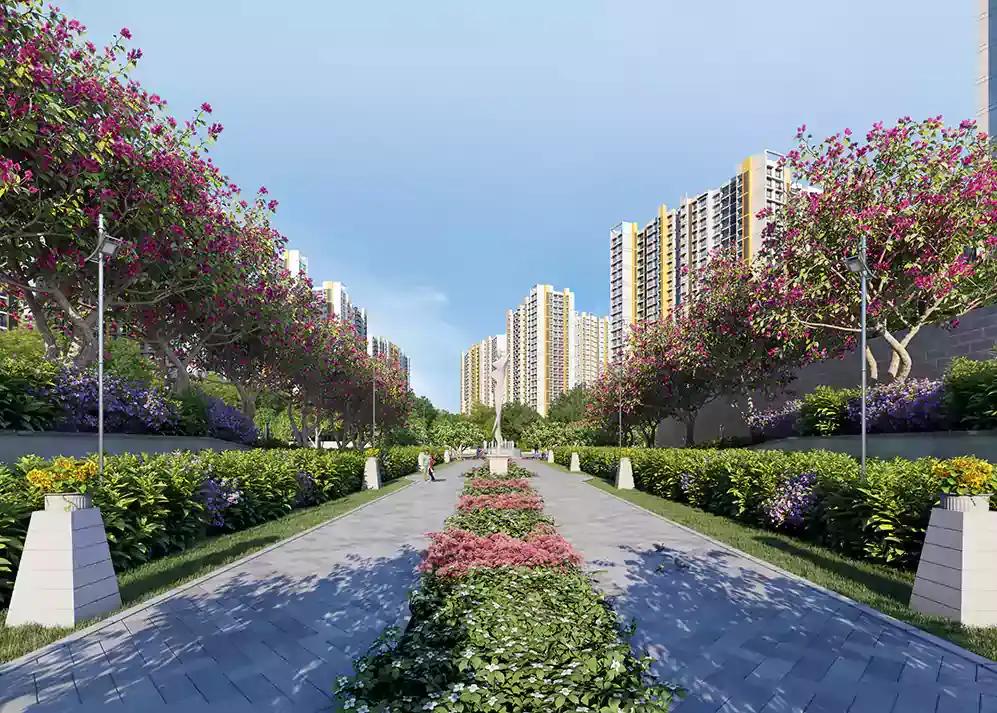 Lodha Beaumont Estate landscaped boulevard with flowering trees inspired by the Life in Full Bloom concept