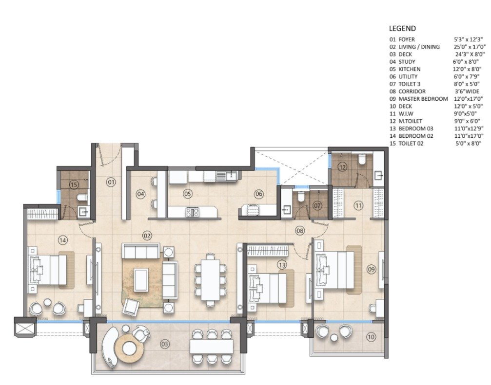 Lodha Beaumont Estate floor plan with living and dining areas, bedrooms and decks