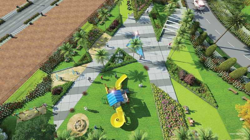 Prestige Parklane children's play area with landscaped surroundings in Devanahalli
