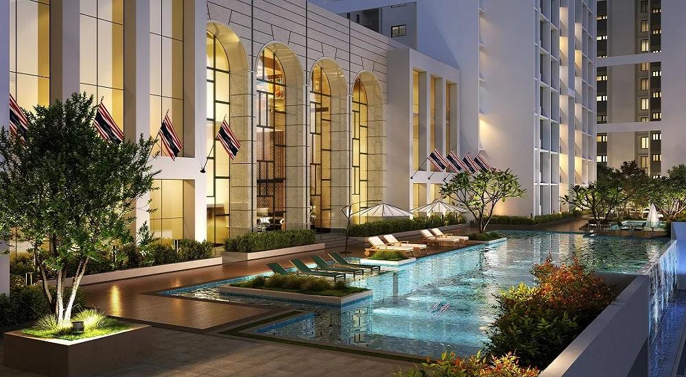 Prestige Parklane swimming pool and landscaped pool deck in Devanahalli Bangalore