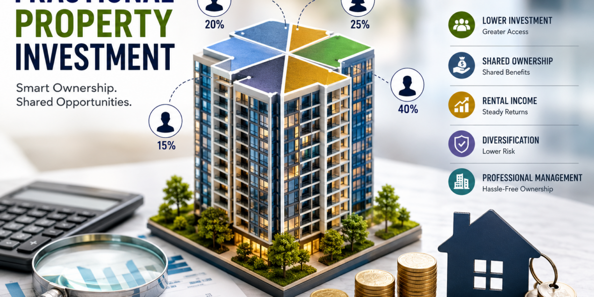 Fractional property investment concept showing a modern apartment building with shared ownership segments, investor participation, rental income opportunities, and real estate wealth-building strategies